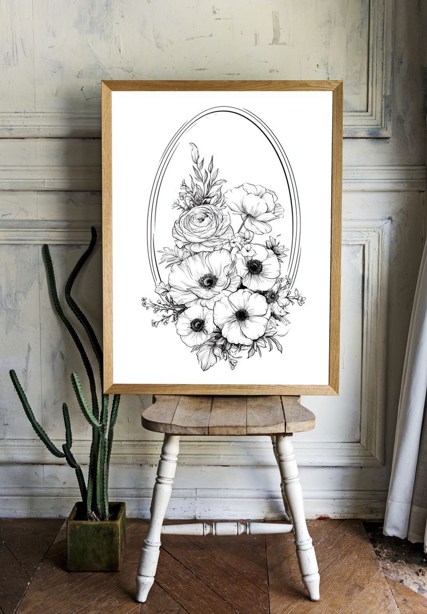 Floral Oval Line Art Poster. — room view 1