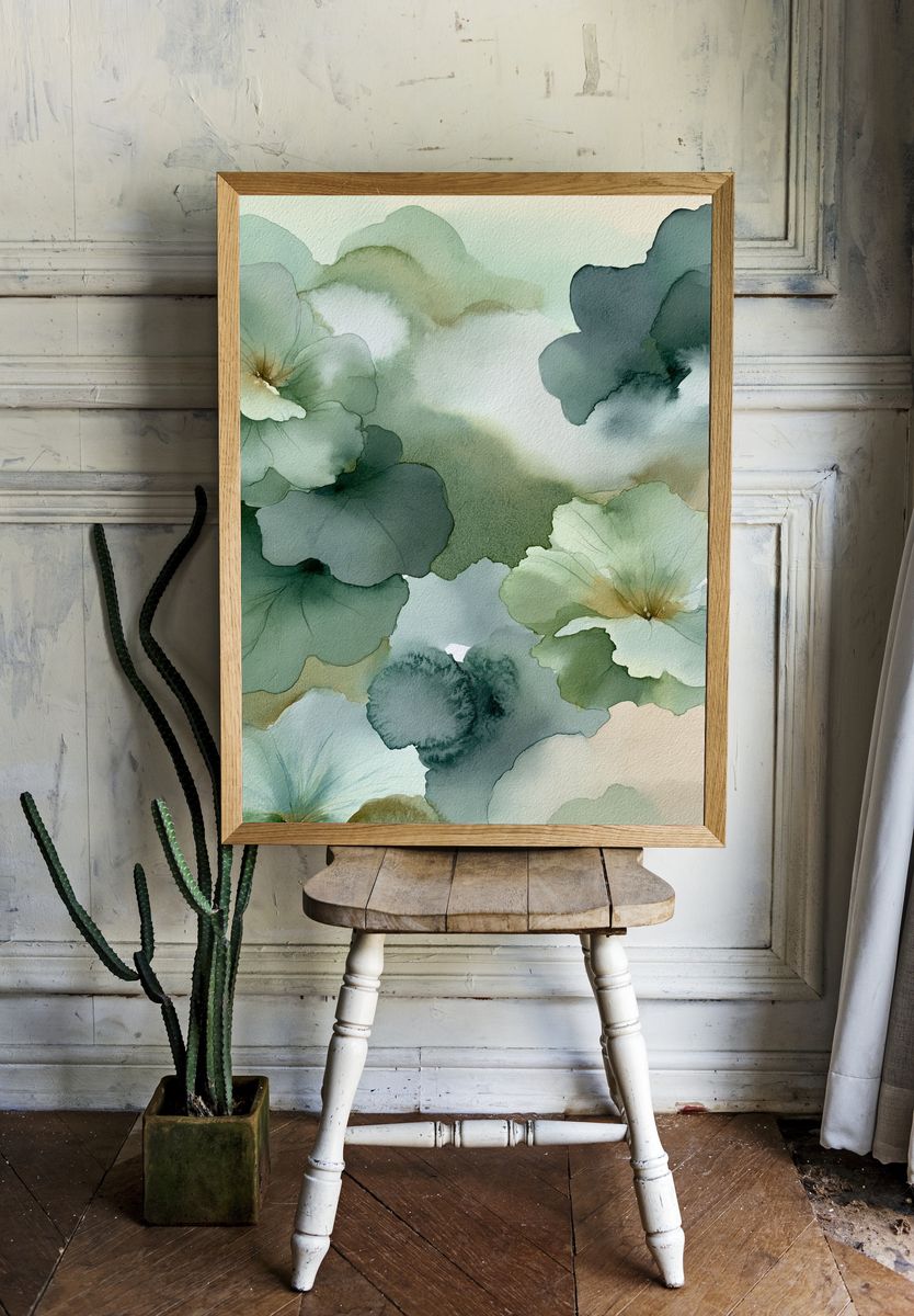 Soft Green Floral Watercolor Poster. — room view 1