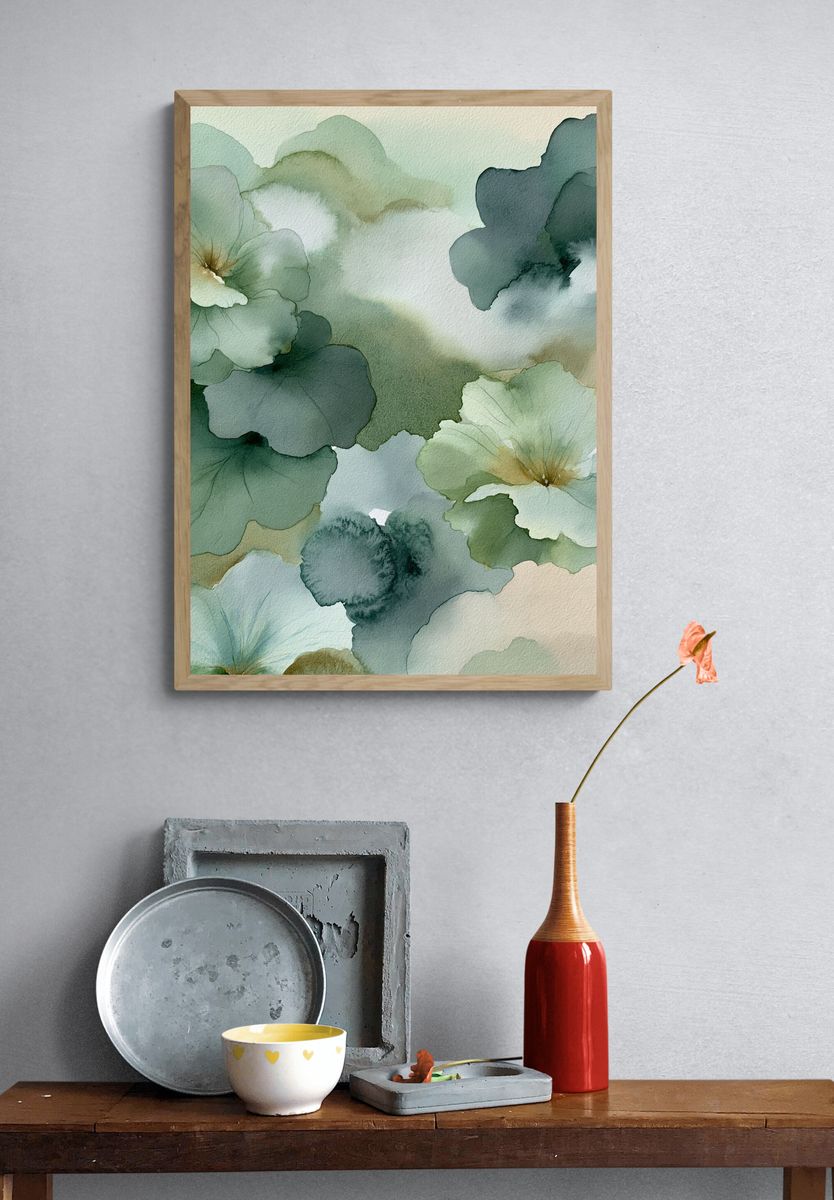 Soft Green Floral Watercolor Poster. — room view 3