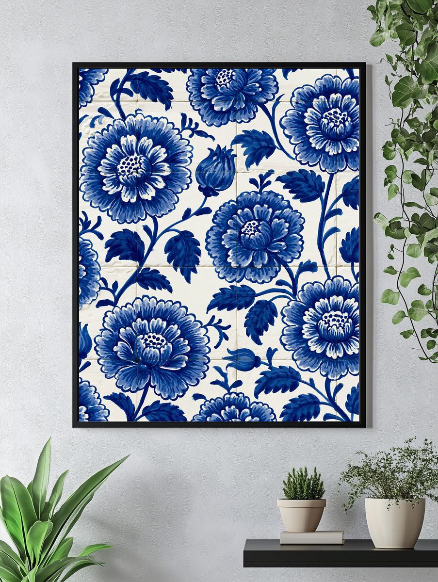 Blue Floral Tile Pattern Print. — room view 4