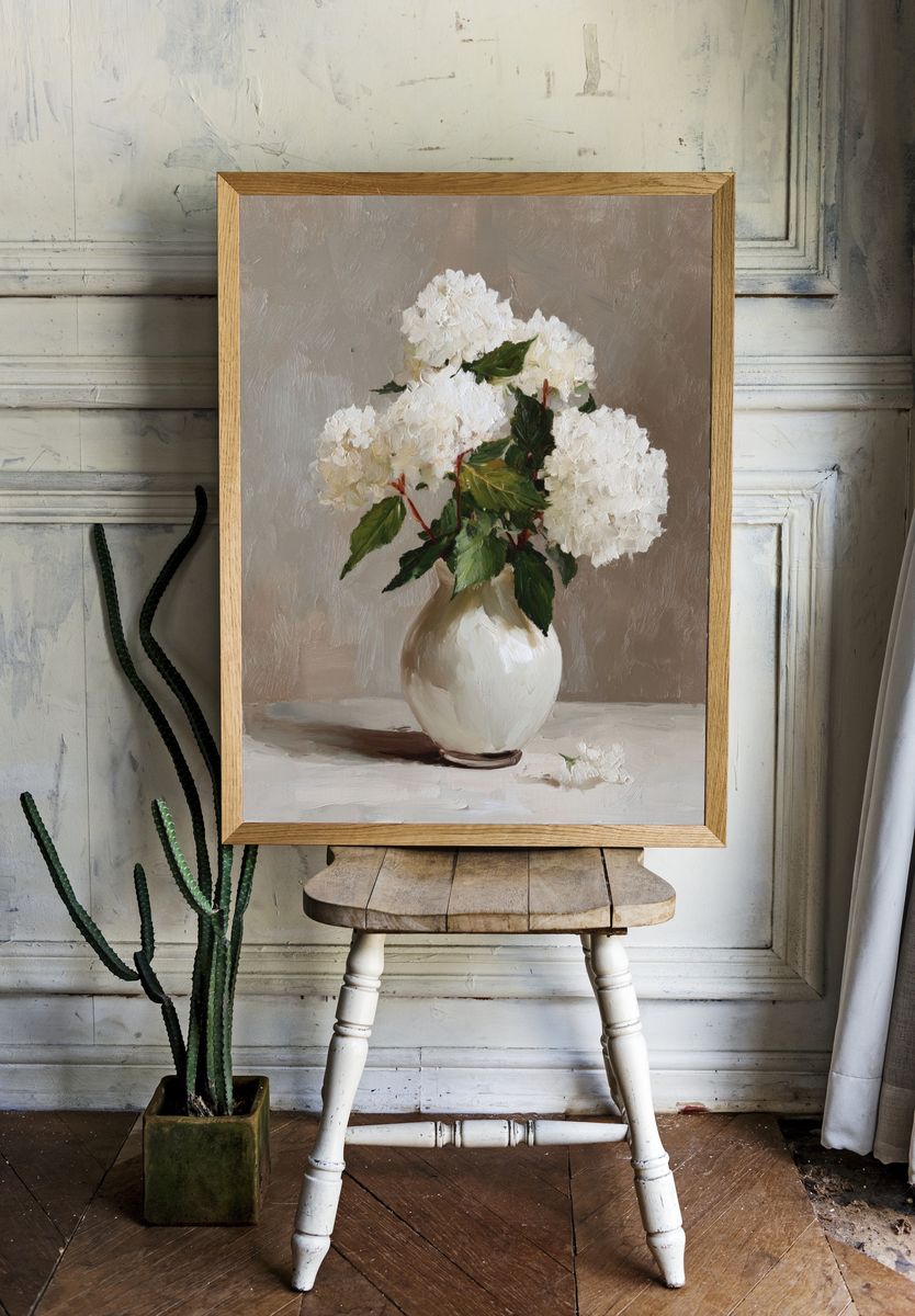 White Hydrangeas Still Life Print. room preview