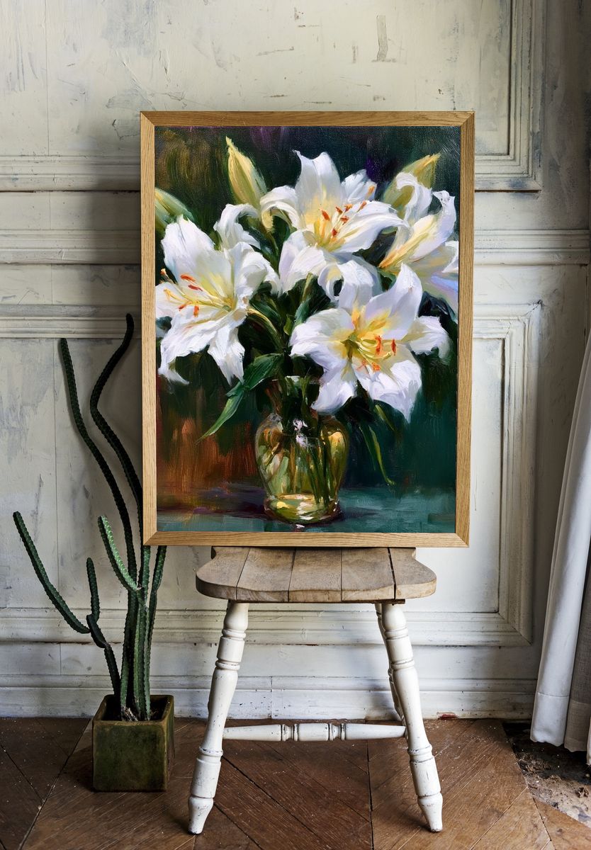 White Lilies Still Life Poster. — room view 1