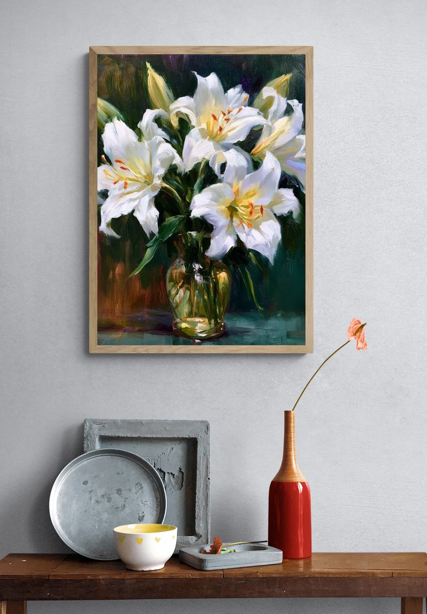 White Lilies Still Life Poster. — room view 3