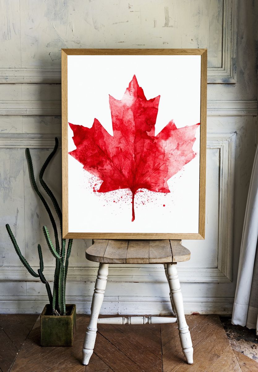 Red Maple Leaf Watercolor Print. room preview
