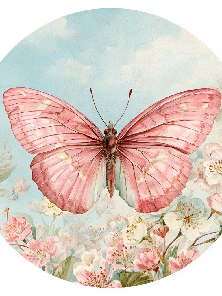 Pink Butterfly Garden Print. poster — botanical art
