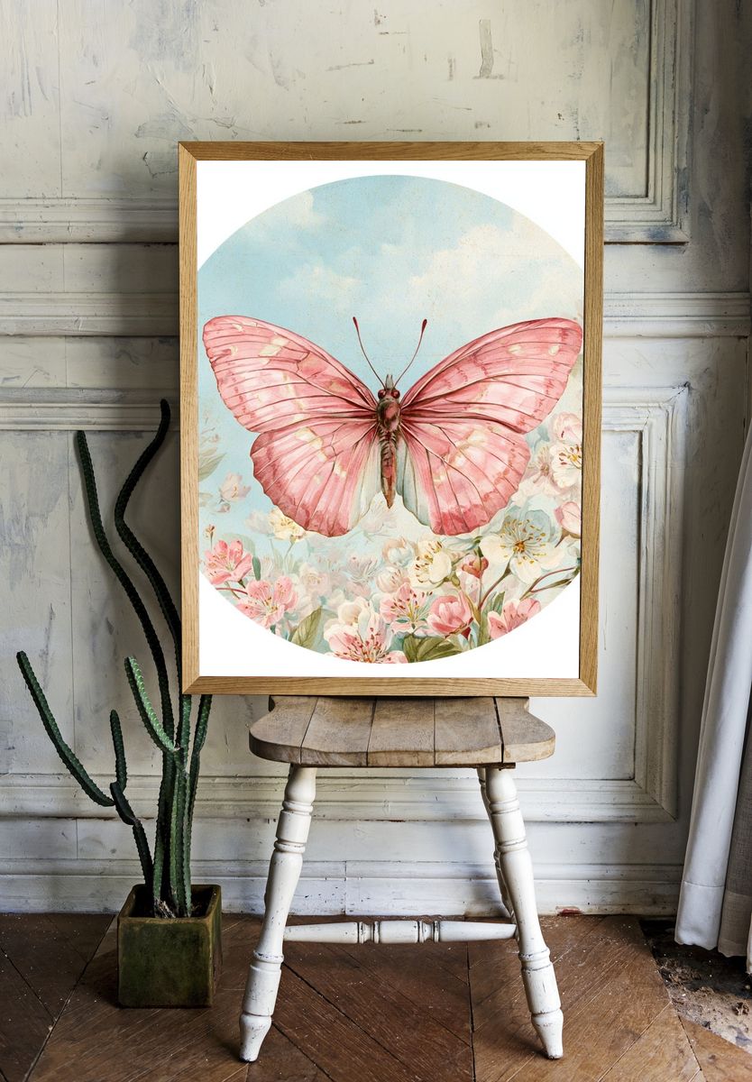 Pink Butterfly Garden Print. room preview