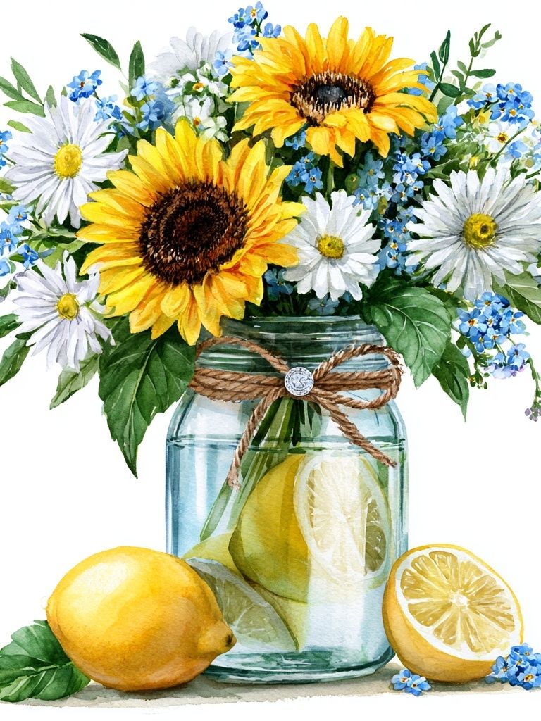 Sunflower Lemon Bouquet Watercolor Print. poster detail