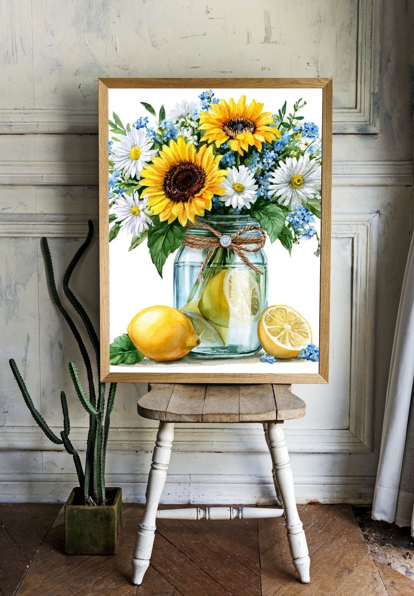 Sunflower Lemon Bouquet Watercolor Print. — room view 1