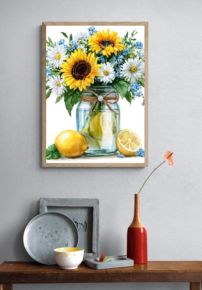 Sunflower Lemon Bouquet Watercolor Print. — room view 3