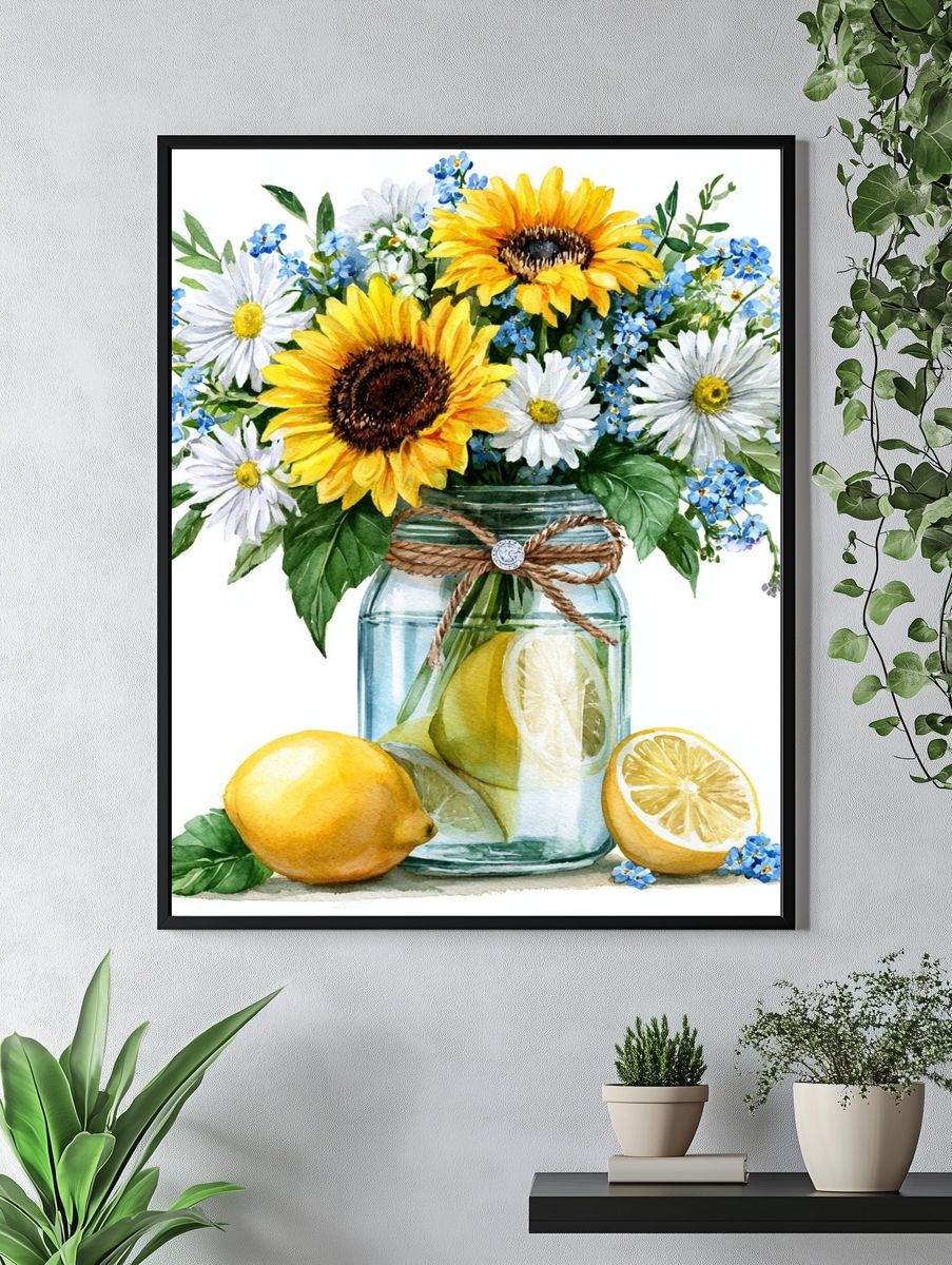 Sunflower Lemon Bouquet Watercolor Print. — room view 4
