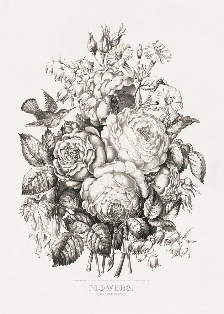 Roses bluebells (1870) chromolithograph art. poster — botanical art