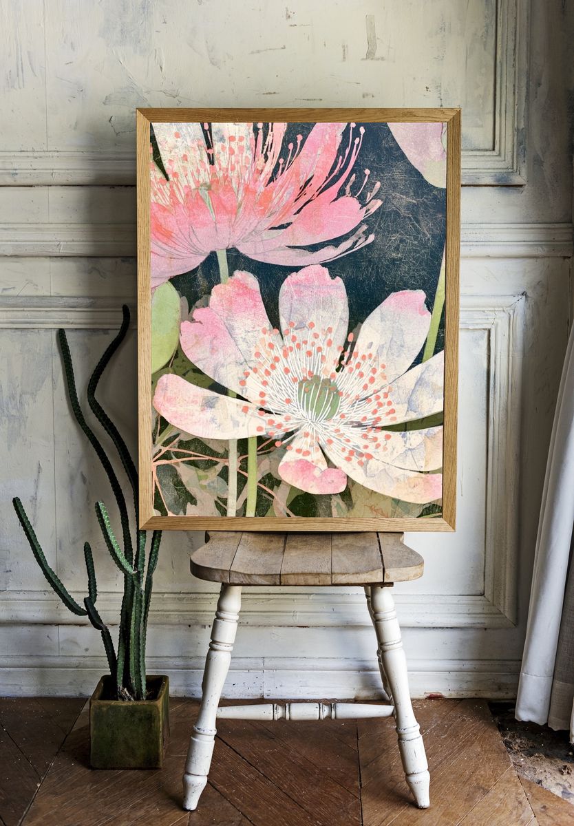 Pink Lotus Blooms Botanical Print. room preview