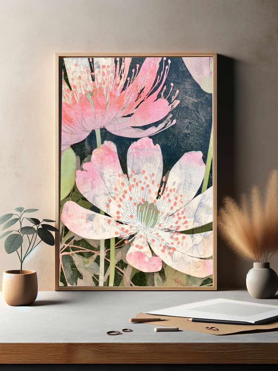 Pink Lotus Blooms Botanical Print. — room view 2