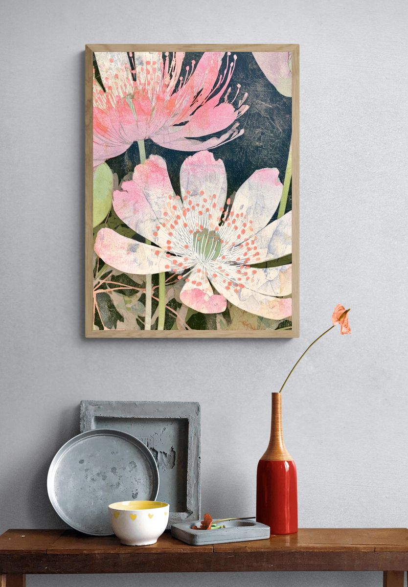 Pink Lotus Blooms Botanical Print. — room view 3