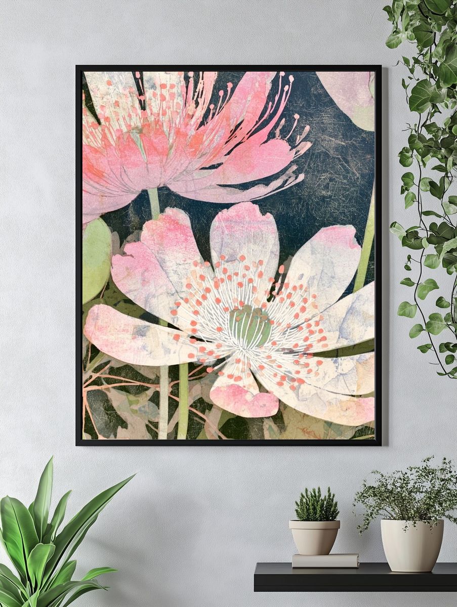 Pink Lotus Blooms Botanical Print. — room view 4