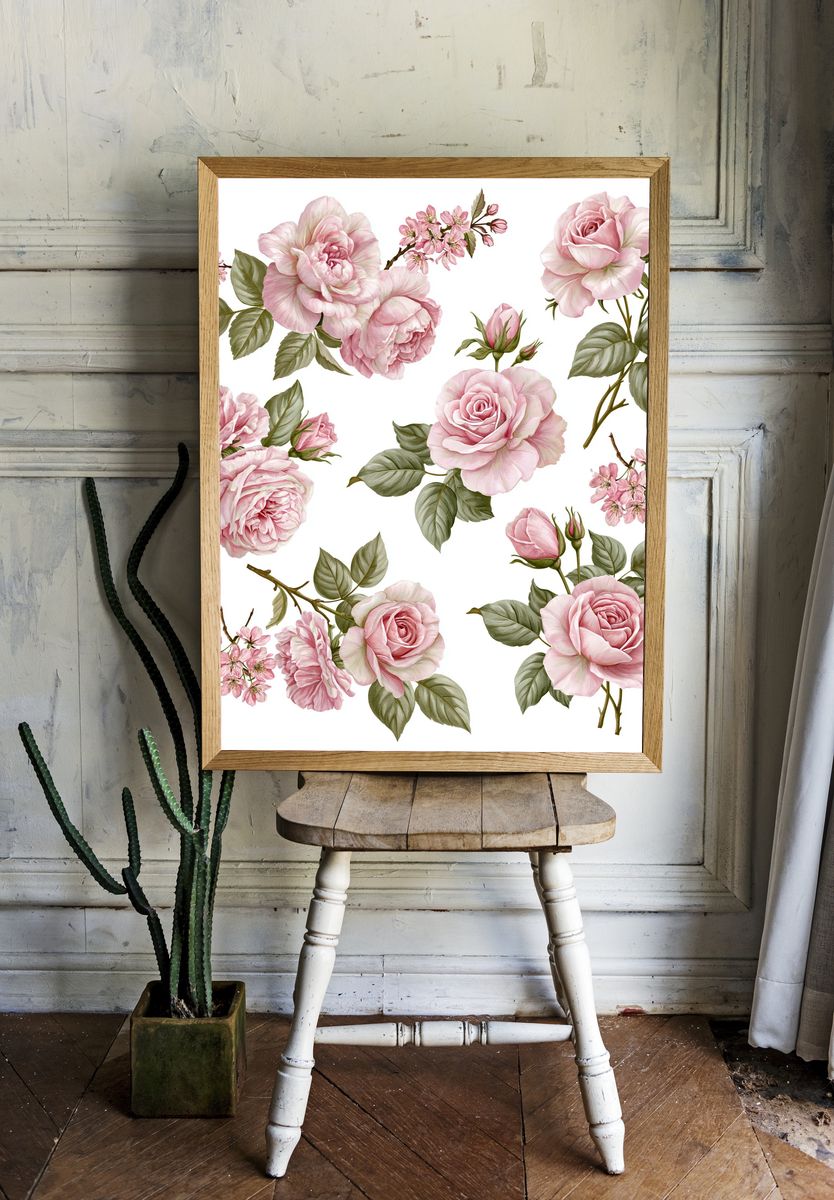 Pink Rose Botanical Print. room preview