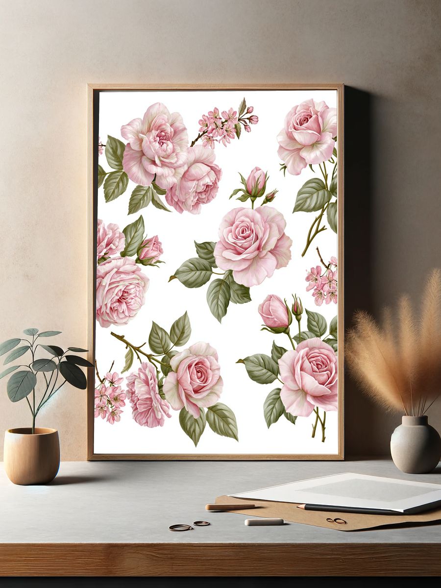 Pink Rose Botanical Print. — room view 2