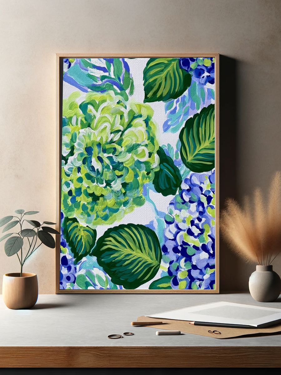 Tropical Hydrangea Botanical Print. — room view 2