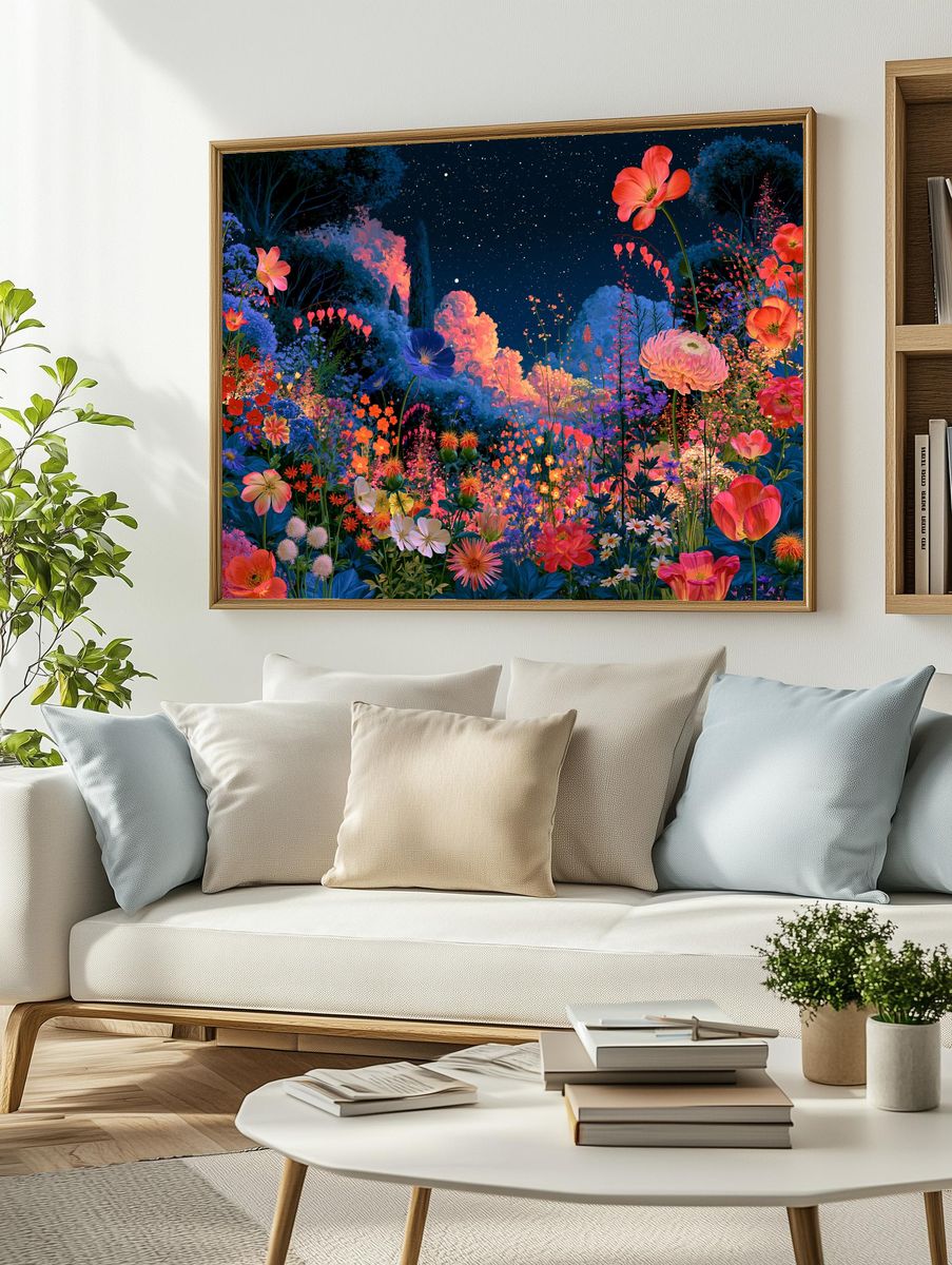 Starry Floral Garden Illustration Poster. — room view 2