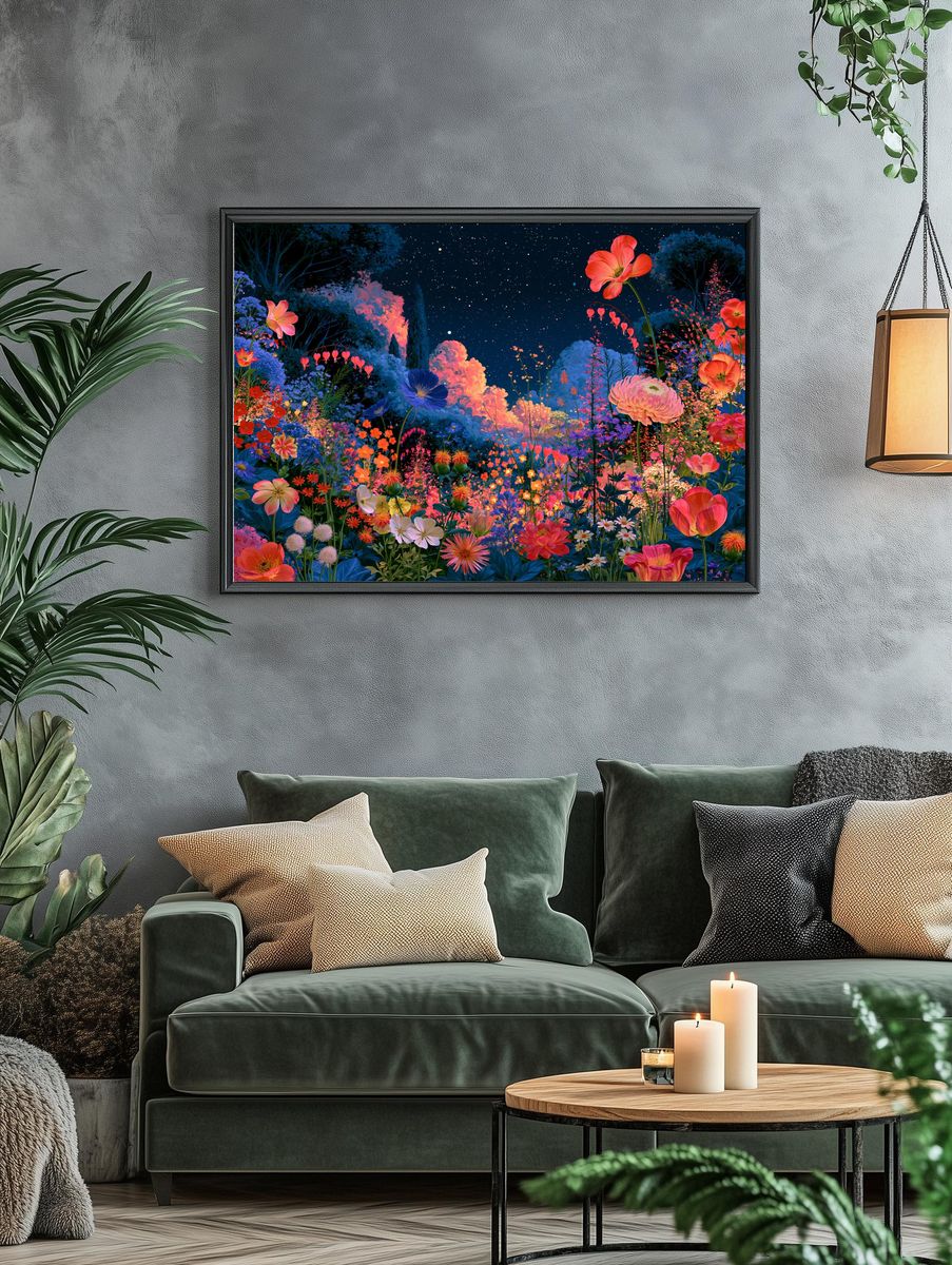 Starry Floral Garden Illustration Poster. — room view 4