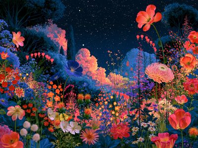 Starry Floral Garden Illustration Poster.