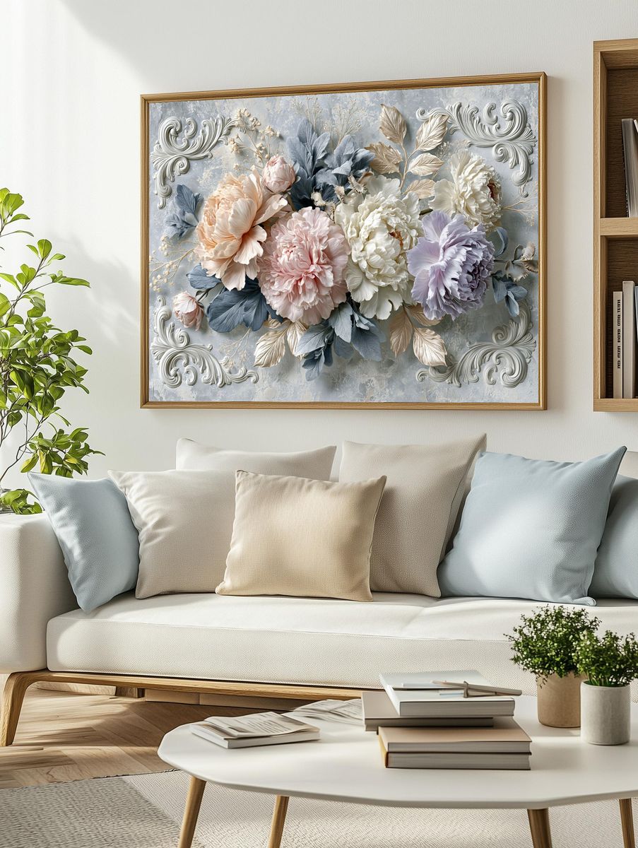Pastel Peony Bouquet Illustration Poster. — room view 2