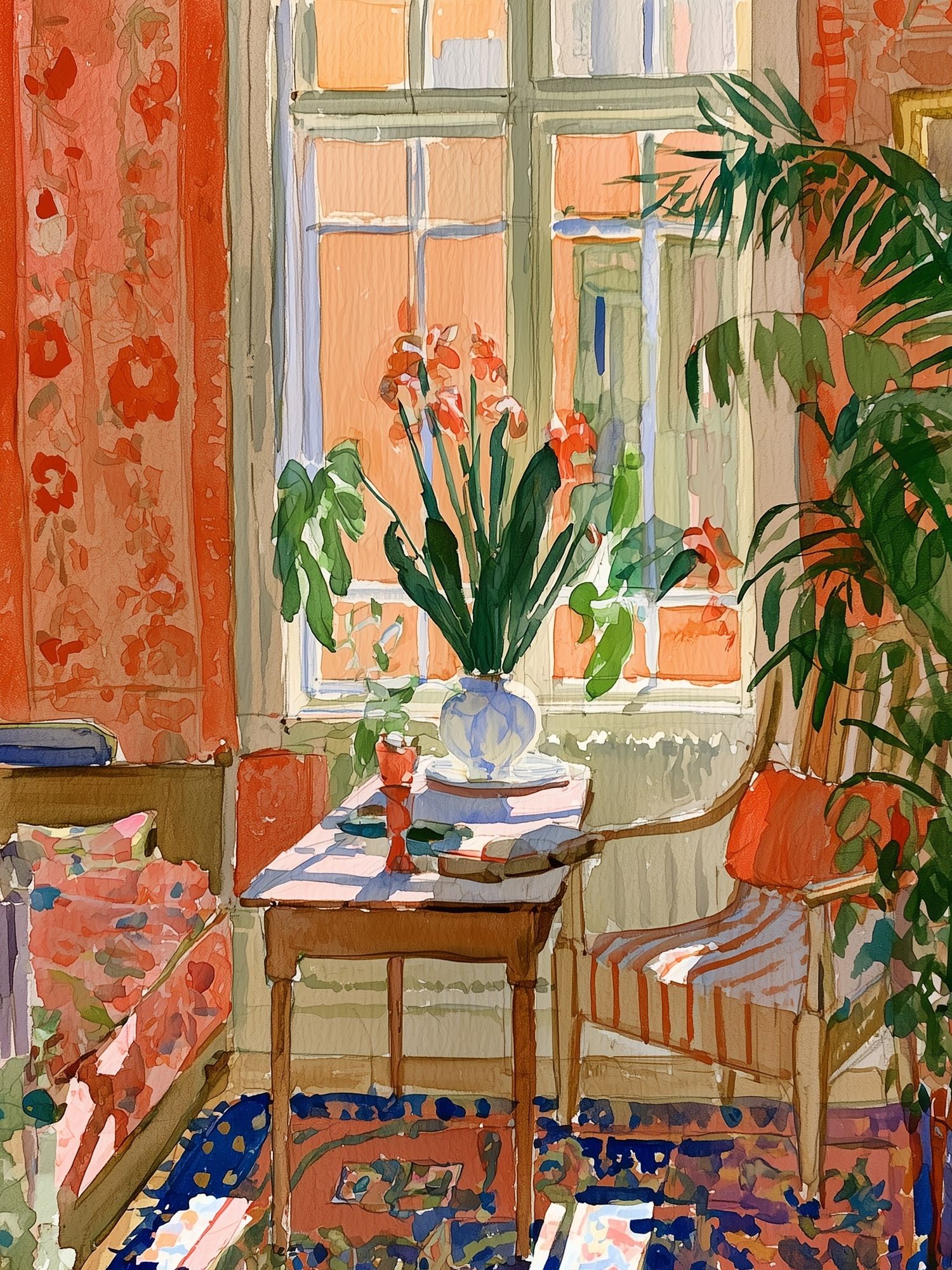 Sunlit Botanical Interior Watercolor Print. poster detail