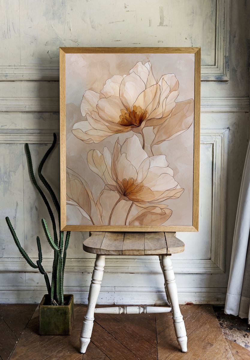 Soft Magnolia Blooms Botanical Print. room preview