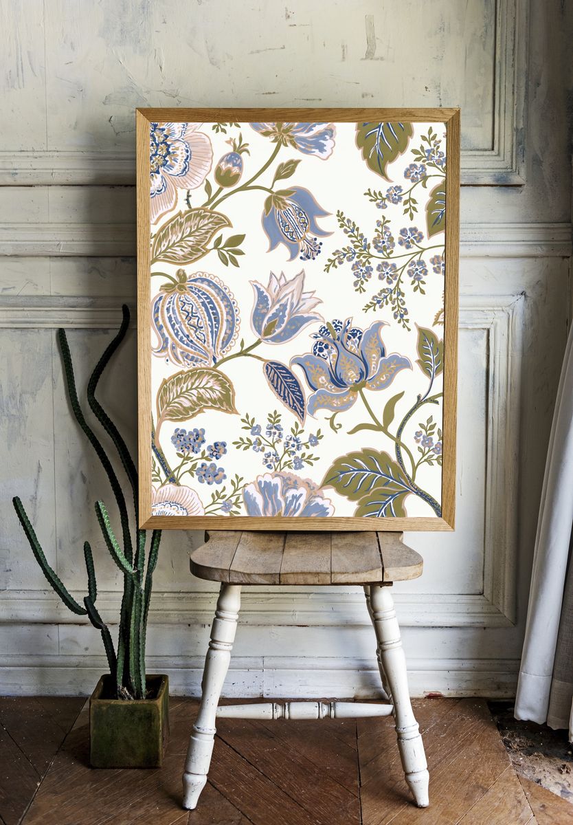 Blue Floral Vine Pattern Print. — room view 1