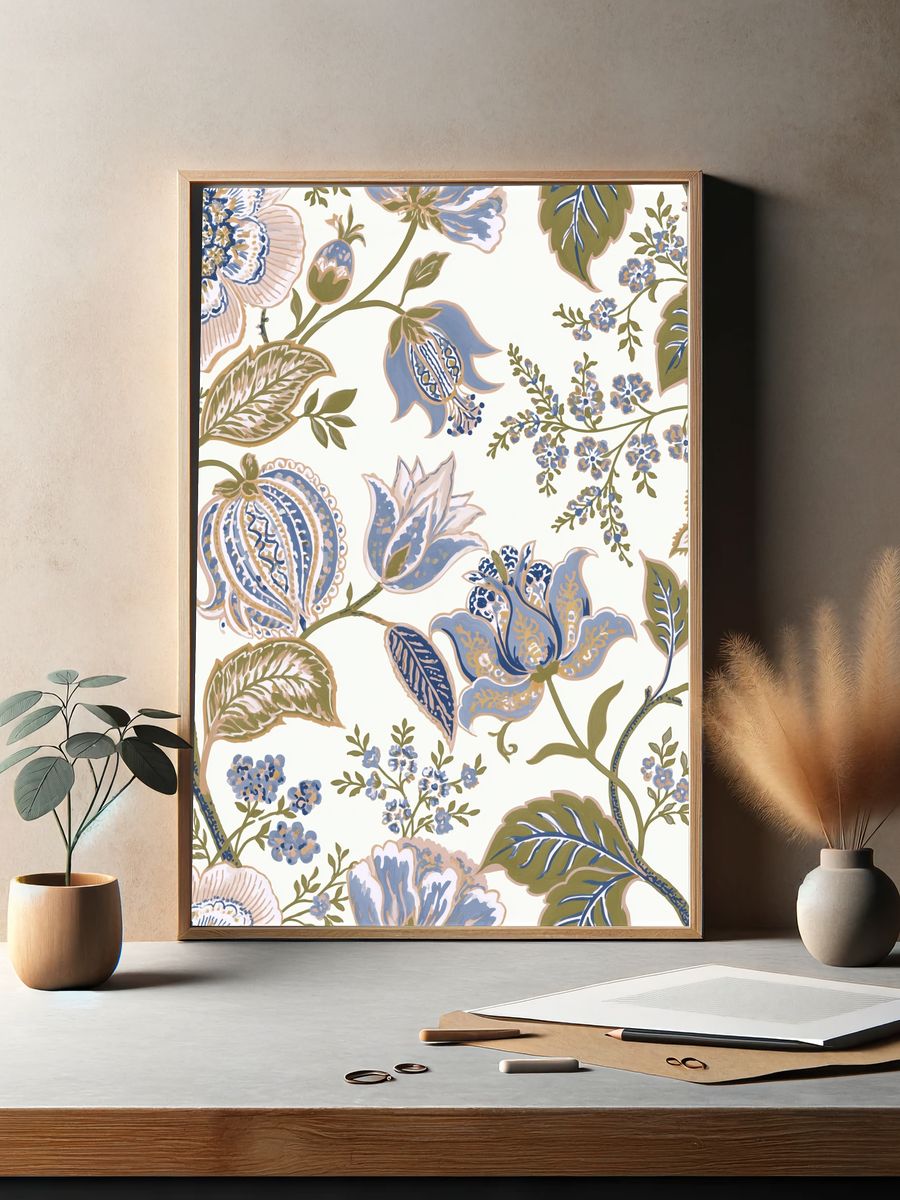 Blue Floral Vine Pattern Print. — room view 2