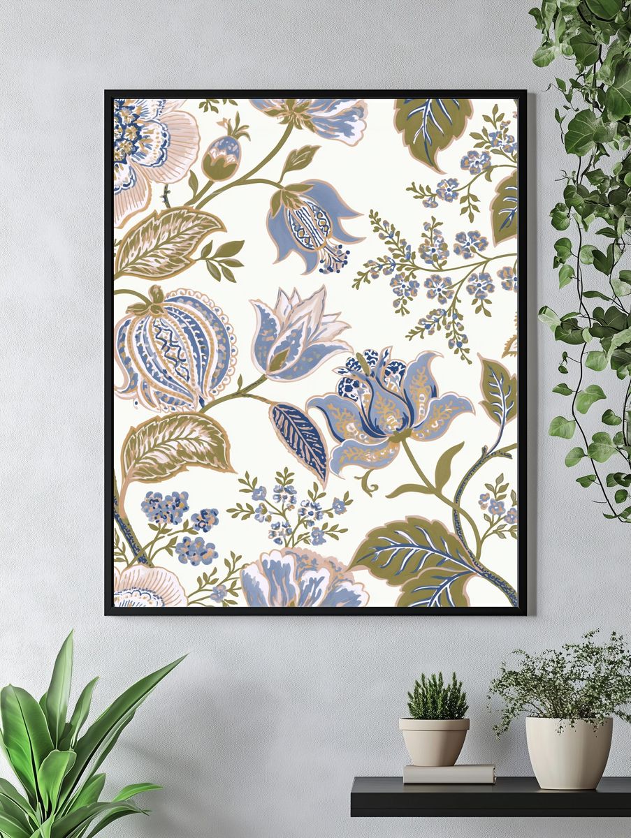 Blue Floral Vine Pattern Print. — room view 4
