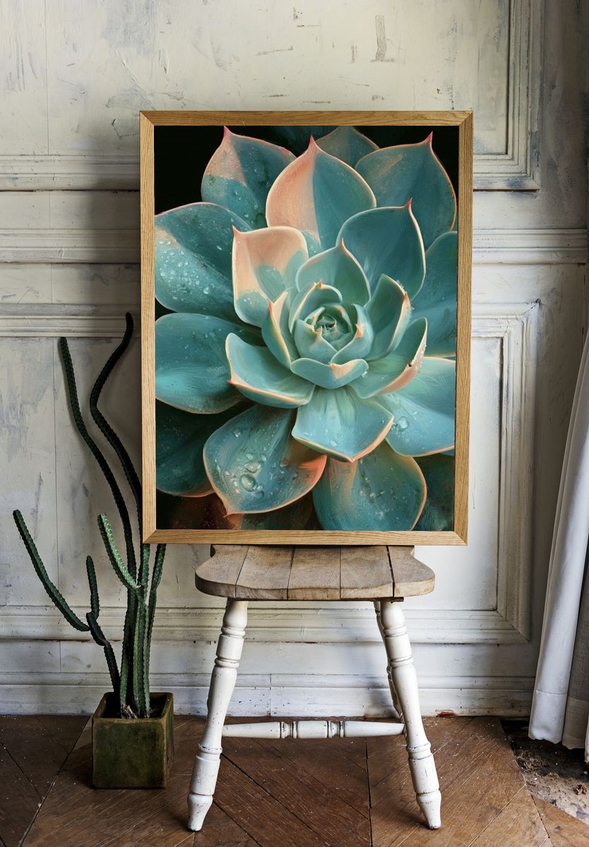 Blue Succulent Botanical Poster. — room view 1