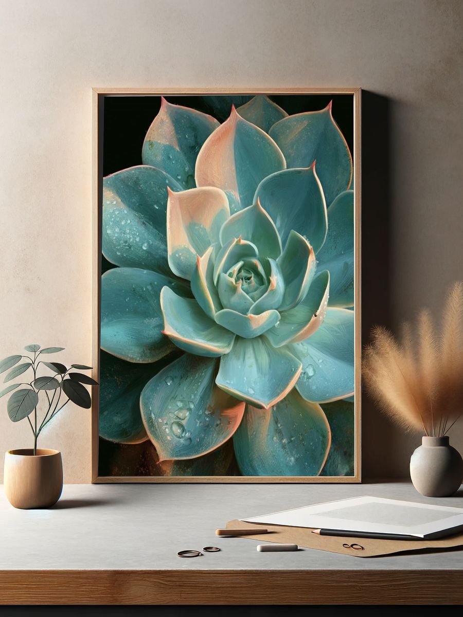 Blue Succulent Botanical Poster. — room view 2