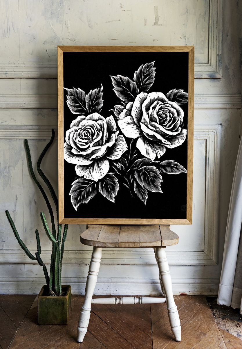 Black and White Roses Illustration Poster. — room view 1