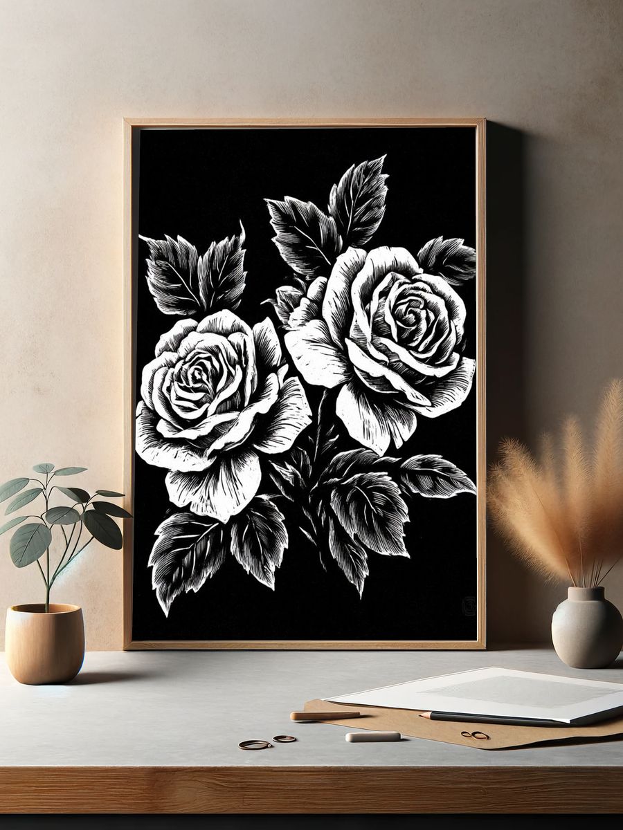 Black and White Roses Illustration Poster. — room view 2