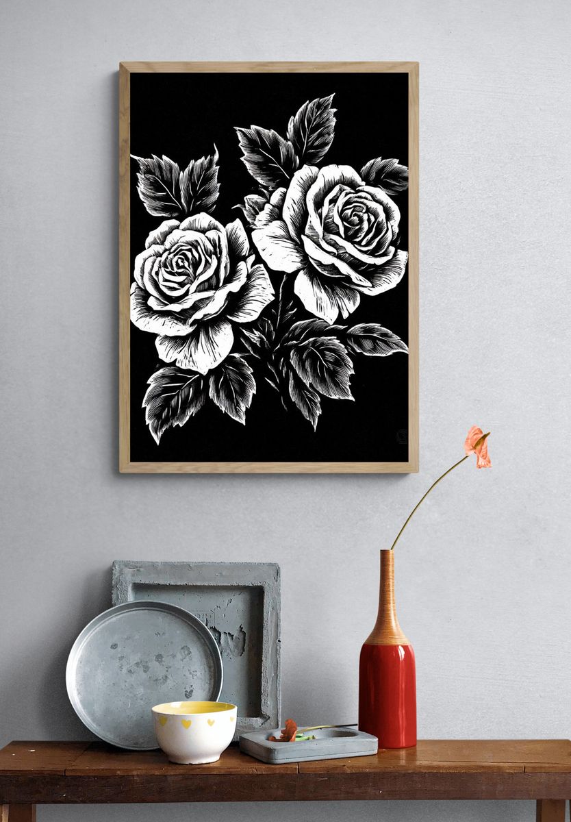Black and White Roses Illustration Poster. — room view 3