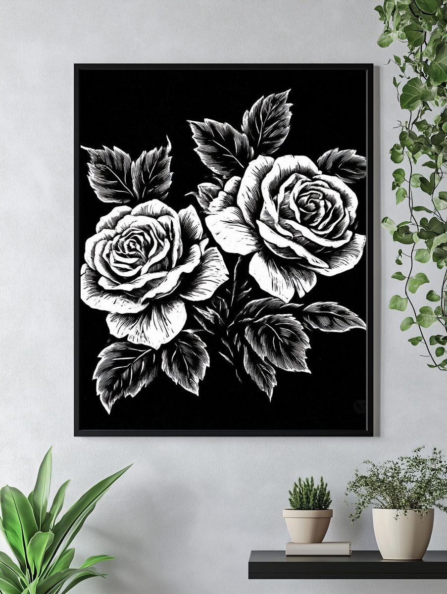 Black and White Roses Illustration Poster. — room view 4