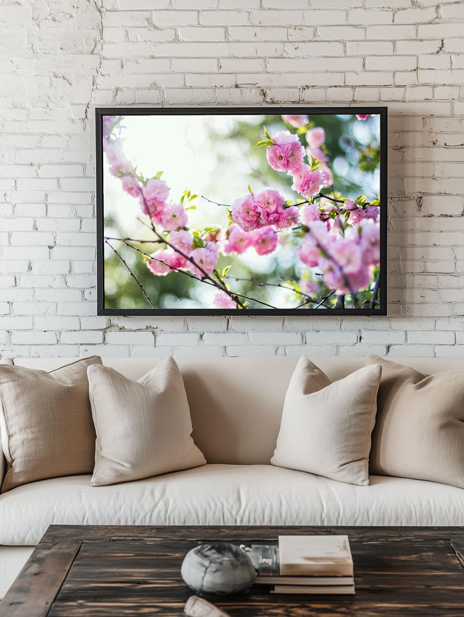 Pink Cherry Blossoms Photography Poster. — room view 1
