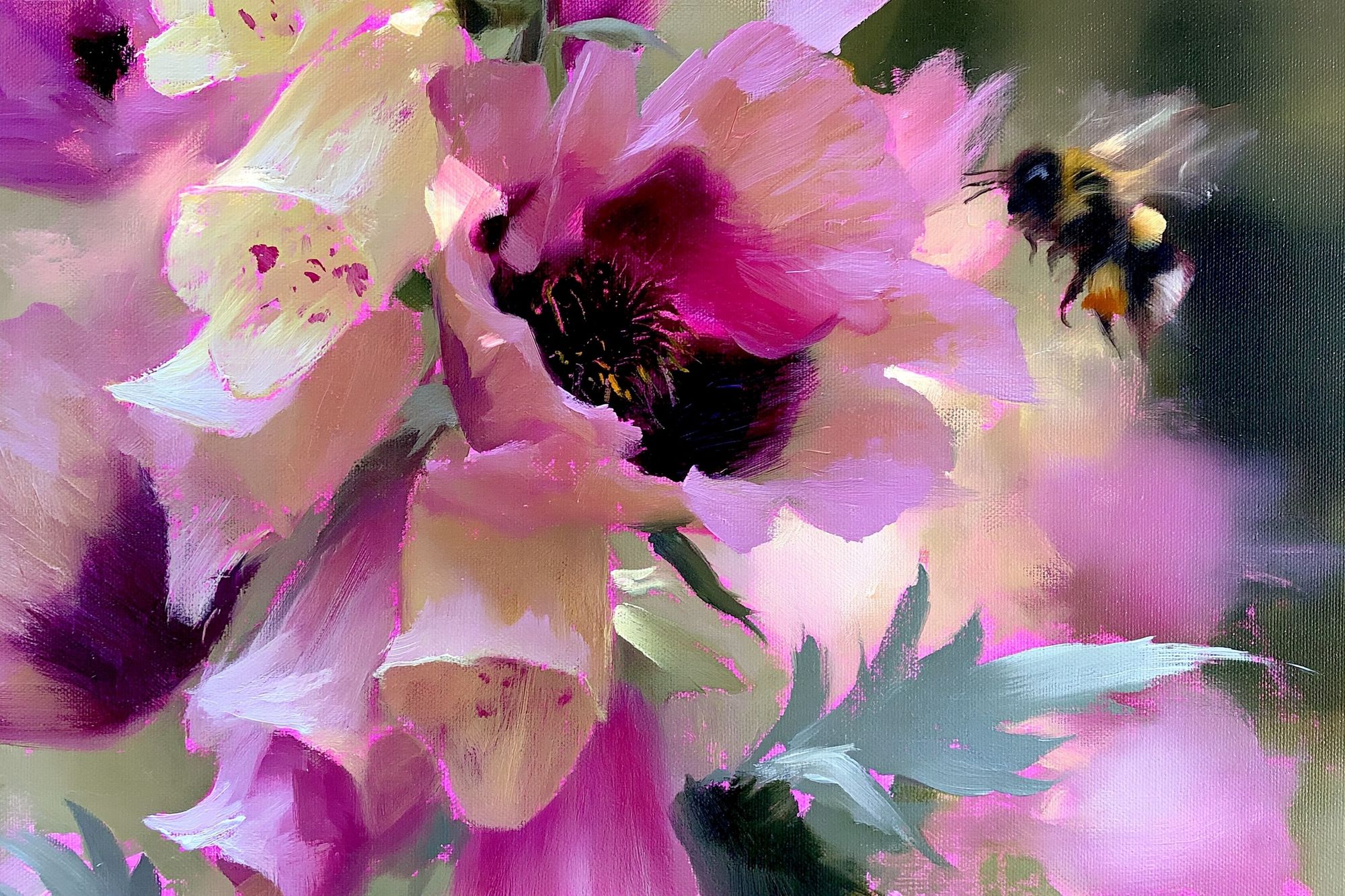 Pink Peonies and Bumblebee Print. poster detail