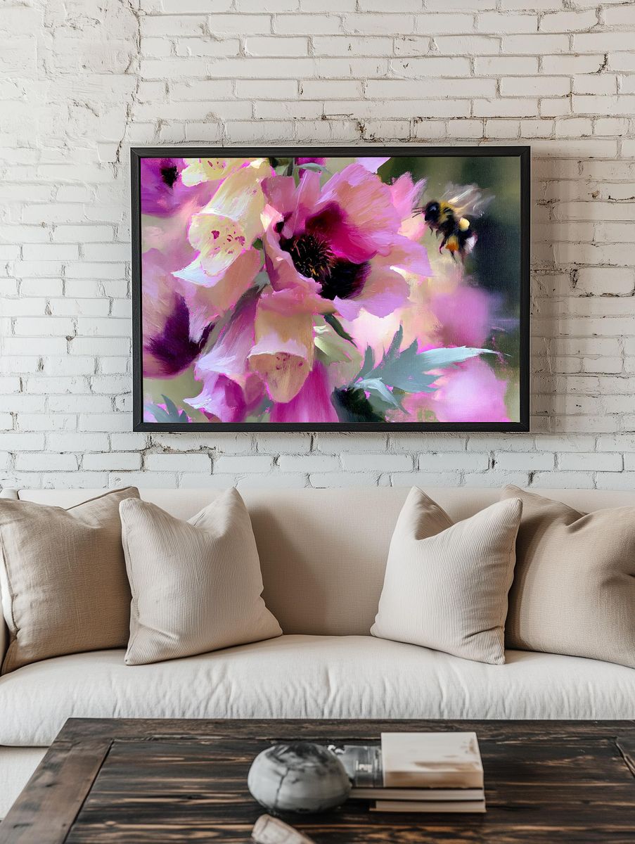 Pink Peonies and Bumblebee Print. — room view 1
