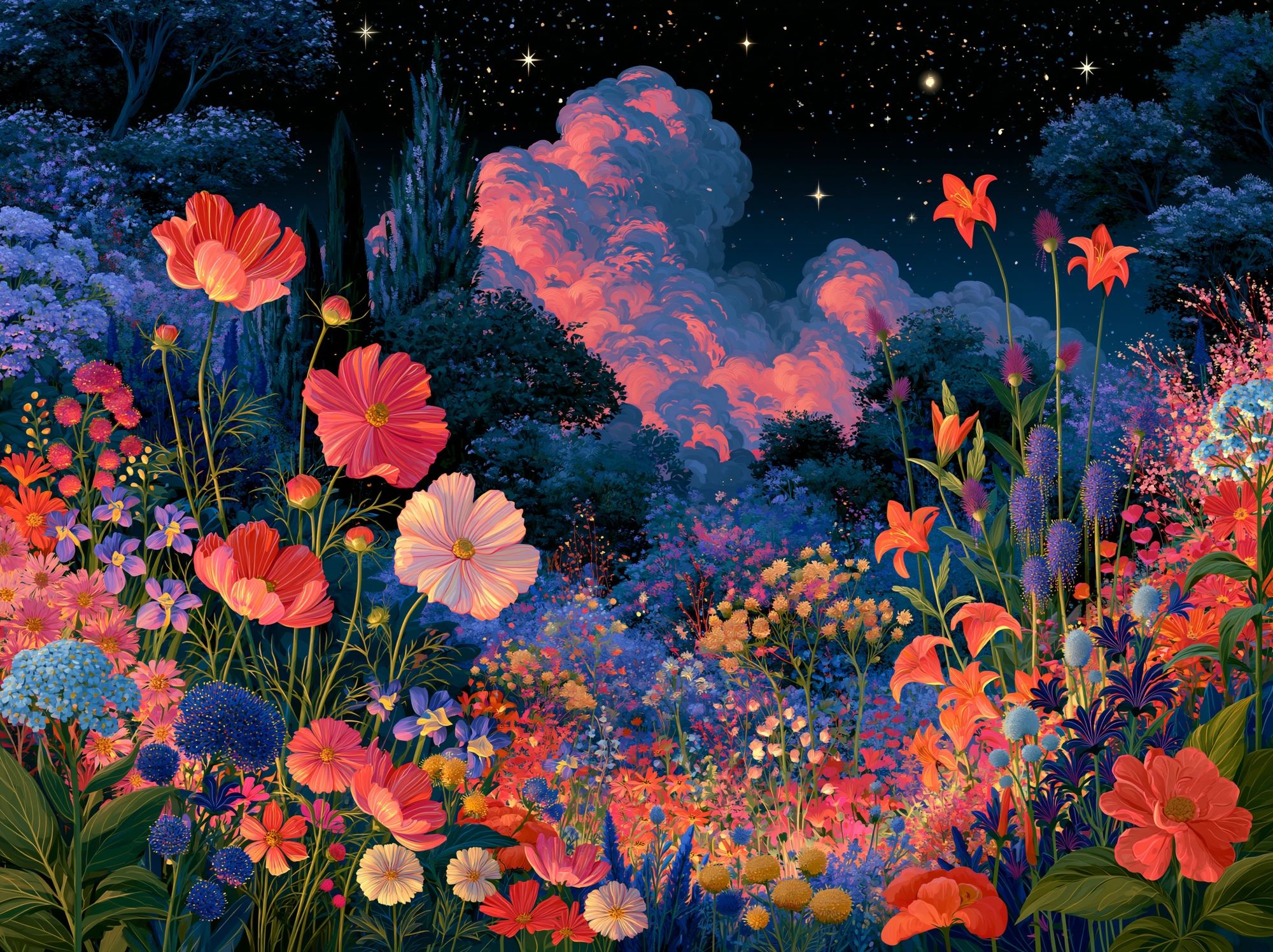 Moonlit Flower Garden Illustration Poster. poster detail