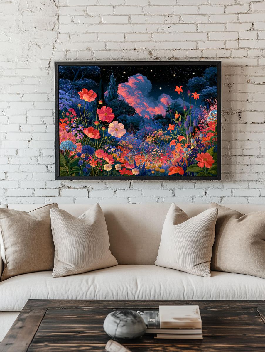 Moonlit Flower Garden Illustration Poster. room preview