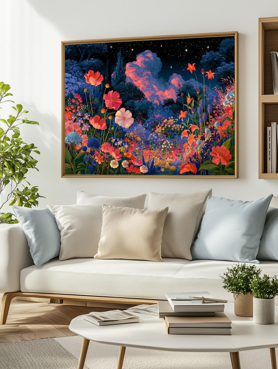 Moonlit Flower Garden Illustration Poster. — room view 2