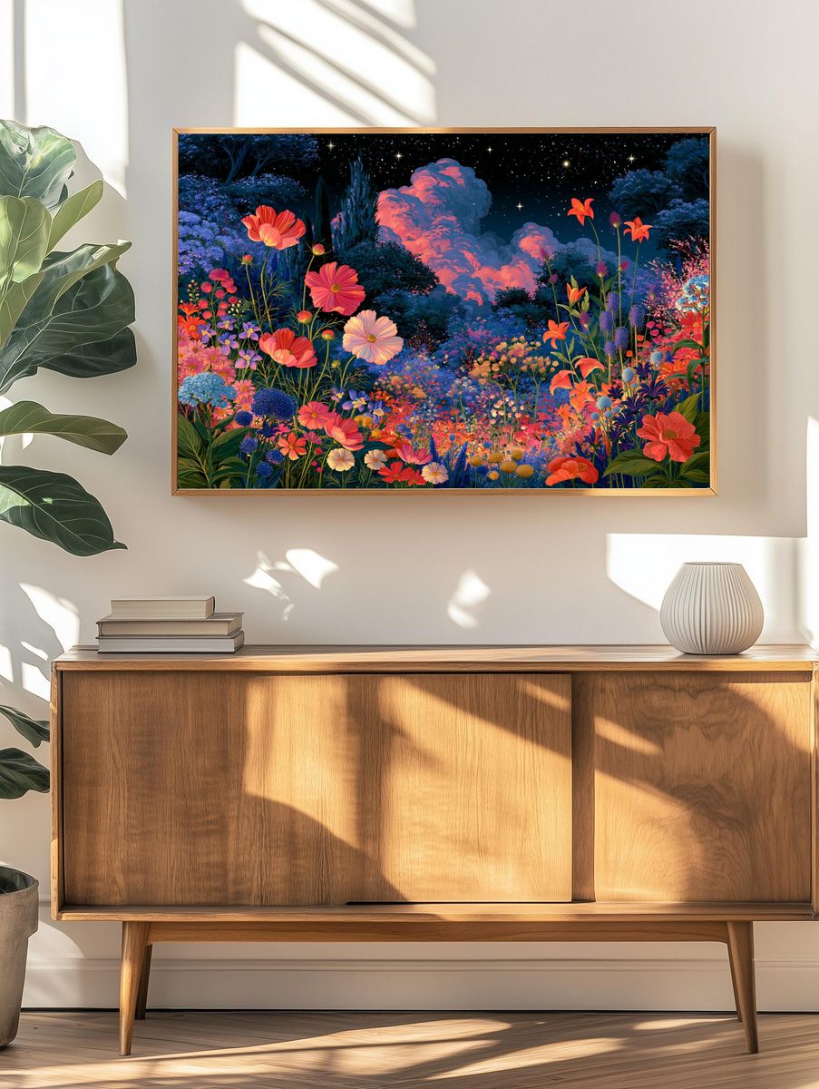 Moonlit Flower Garden Illustration Poster. — room view 3