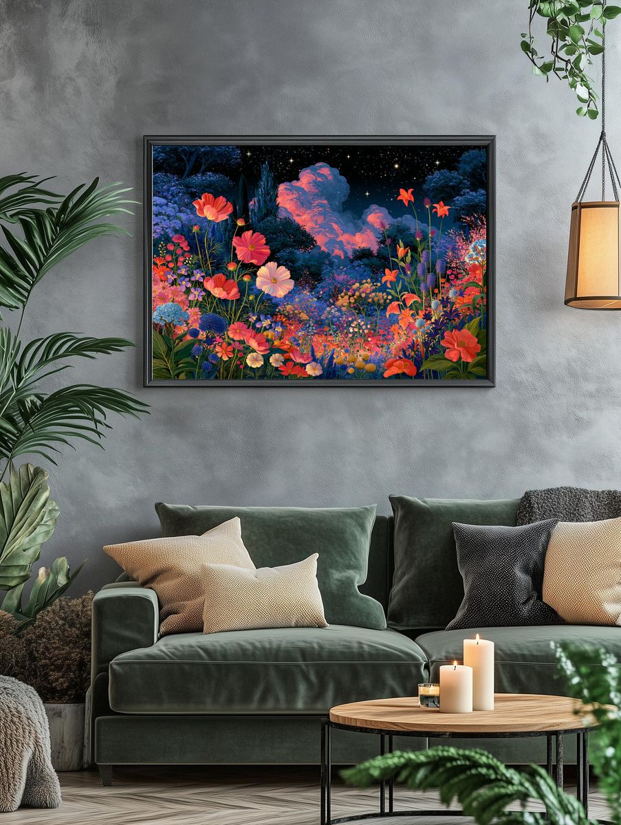 Moonlit Flower Garden Illustration Poster. — room view 4