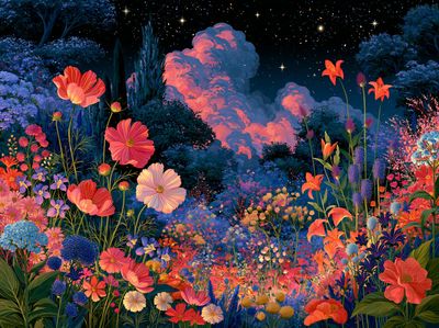 Moonlit Flower Garden Illustration Poster. poster