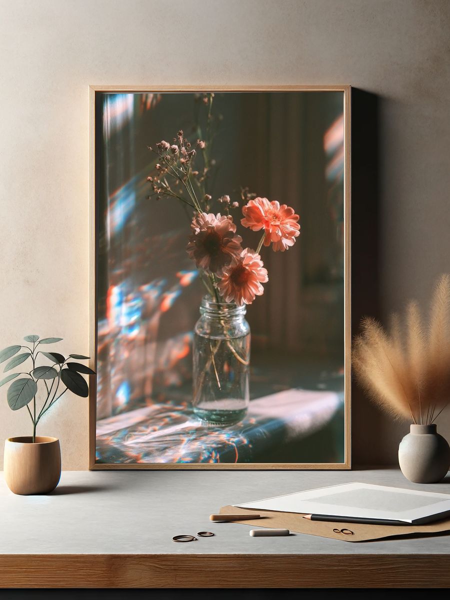Sunlit Flowers Still Life Poster. — room view 2