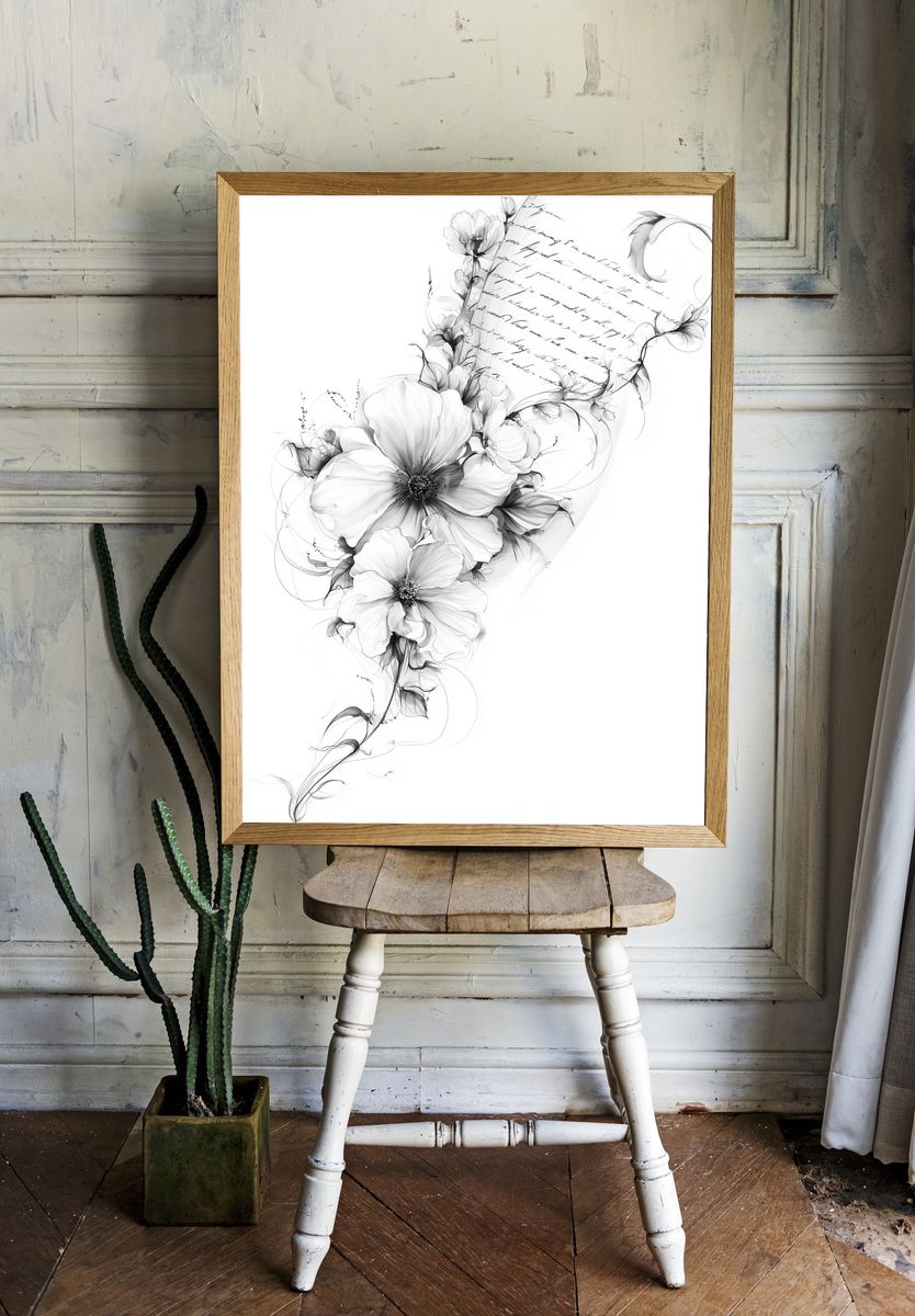 Monochrome Floral Sketch Print. — room view 1