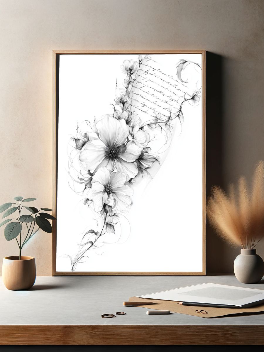 Monochrome Floral Sketch Print. — room view 2