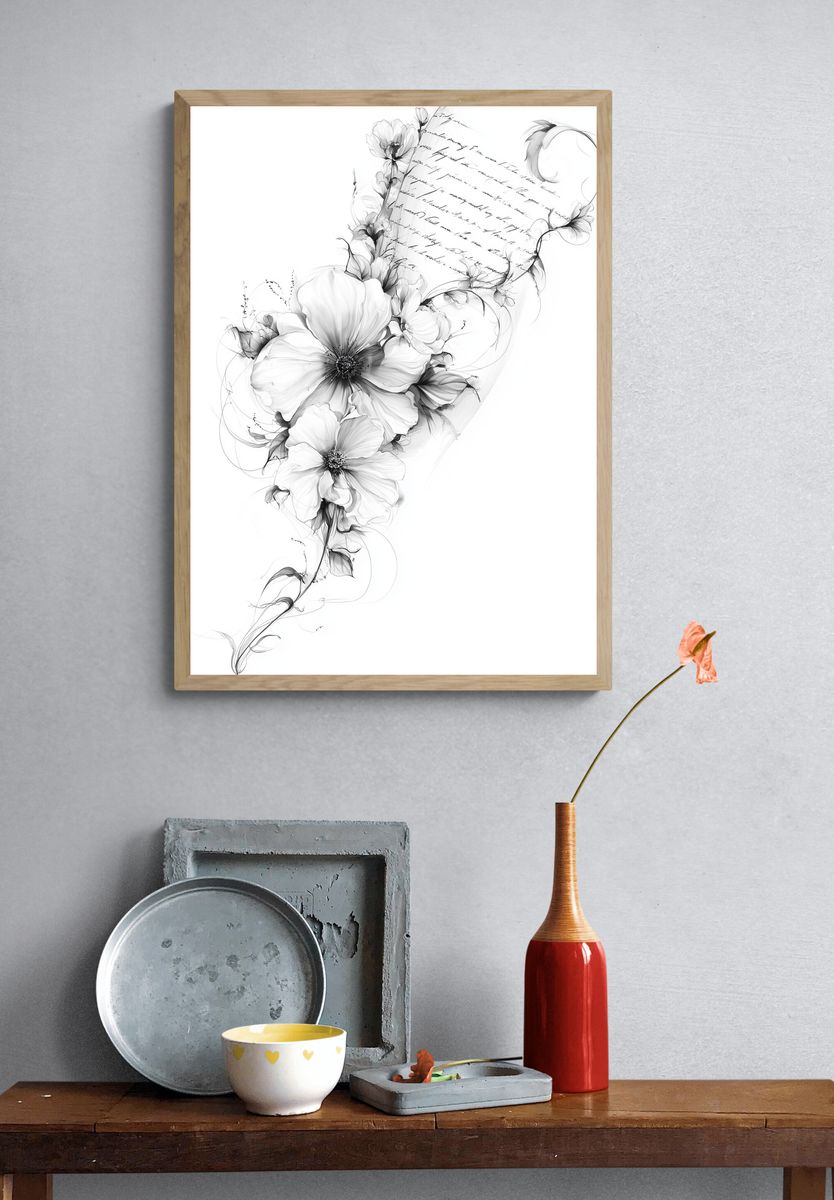 Monochrome Floral Sketch Print. — room view 3